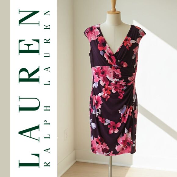 Lauren Ralph Lauren Dress I Women's 8 I Purple Floral Sleeveless V-Neck Stretch - Picture 1 of 7
